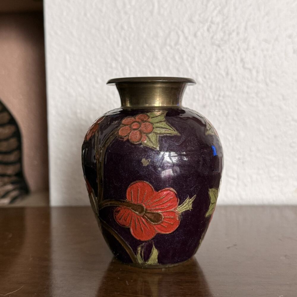 Vintage Brass Small 4” Chinese Cloisonné Vase with a Floral Pattern